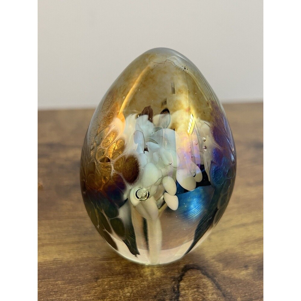 Vintage Metallic Multi Colored Swirl Egg Paperweight White Trumpet Flower